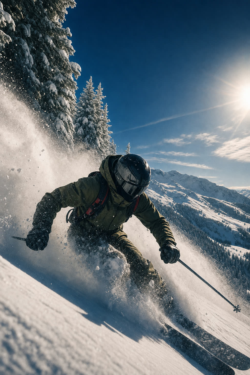 Skier carving through deep powder under hard winter light