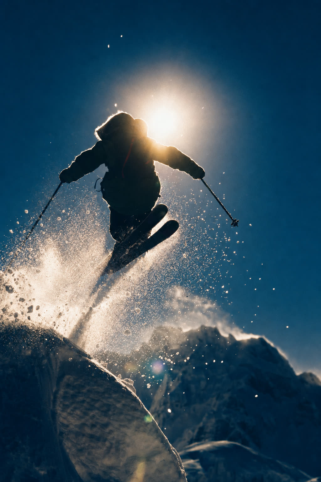 Backlit skier suspended against a clear winter sky